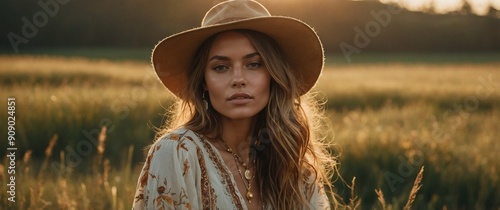 Bohemian Fashion Model in Meadow photo