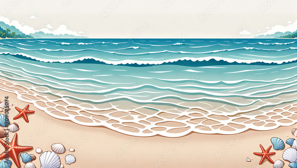 Fototapeta premium Tranquil Beach with Gentle Waves and Seashells: Anime Clean Style Background Design