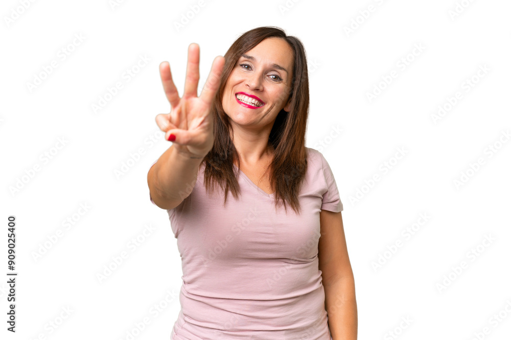 Middle-aged caucasian woman over isolated background happy and counting three with fingers Middle-aged caucasian woman over isolated background happy and counting three with fingers