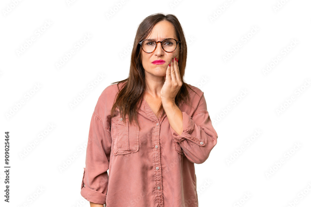 Middle-aged caucasian woman over isolated background with toothache Middle-aged caucasian woman over isolated background with toothache