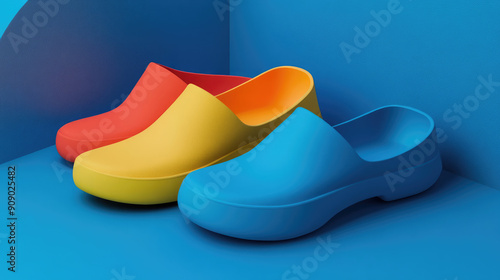 Vibrant Casual Clogs Featuring Bold Colors Set Against a Blue Background for Style