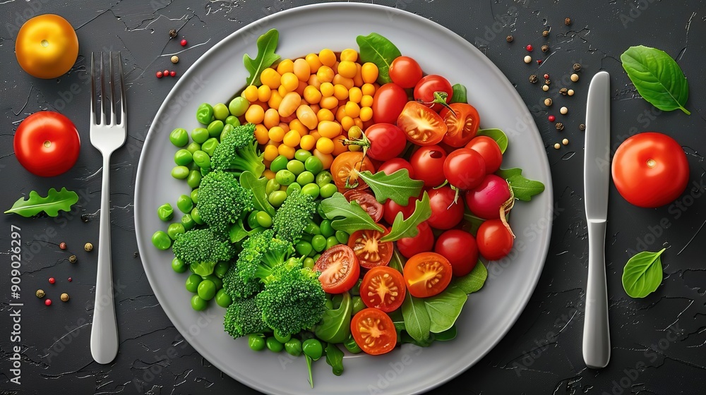 Healthy Vegetarian Salad with Broccoli, Peas, Tomatoes, and Beans - Food Photography Healthy Vegetarian Salad with Broccoli, Peas, Tomatoes, and Beans - Food Photography
