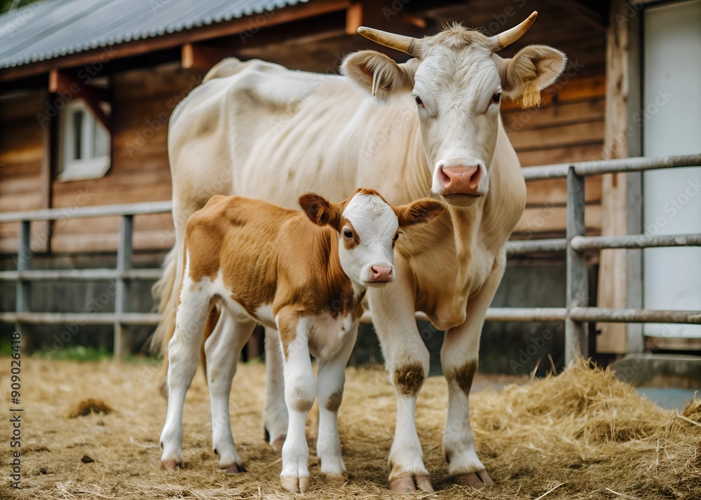 cow and calf go looking at the camera in a home environment cow and calf go looking at the camera in a home environment
