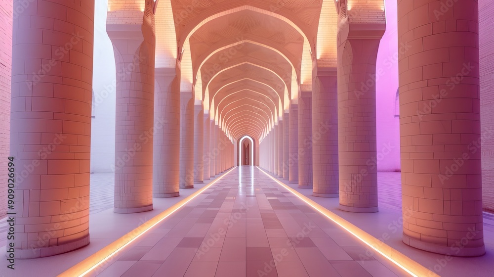 Fototapeta premium A stunning mosque with detailed architecture, standing out against the neon-lit skyscrapers of a contemporary city at night