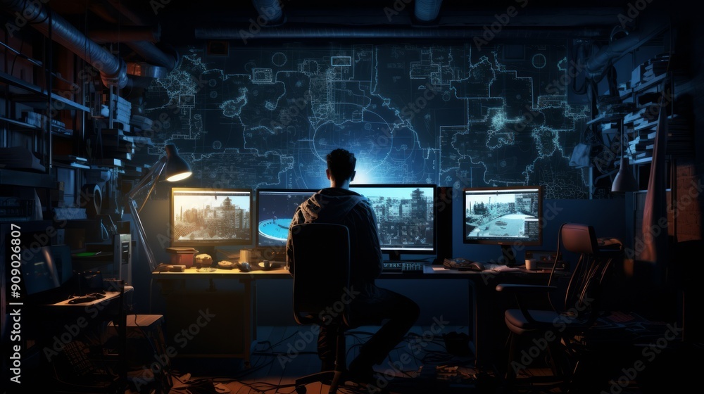 Computer hacker doing coding on computer while sitting at dark office. Neural network ai generated art Computer hacker doing coding on computer while sitting at dark office. Neural network ai generated art