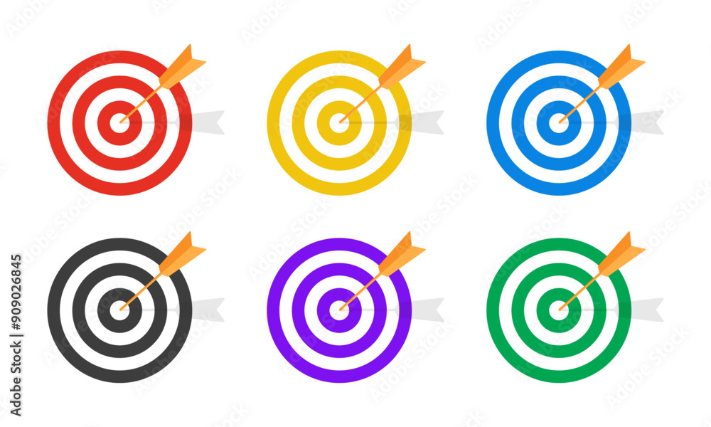 Dart target icon. arrow hitting in the target center of dartboard. Modern flat style isolated on white background. Goal achieve or Business success concept. web site design, logo, app, UI Dart target icon. arrow hitting in the target center of dartboard. Modern flat style isolated on white background. Goal achieve or Business success concept. web site design, logo, app, UI