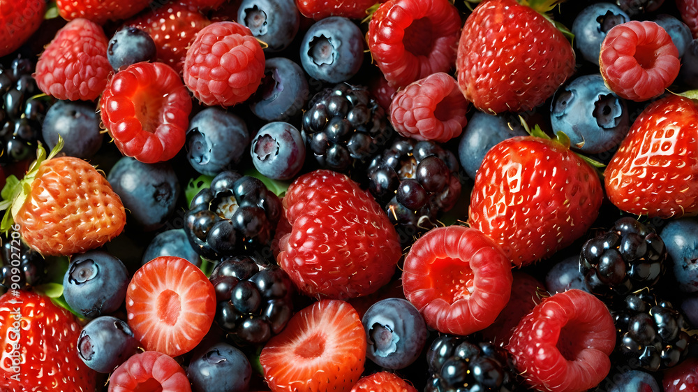 A close up of a variety of berries including strawberries, blueberries A close up of a variety of berries including strawberries, blueberries