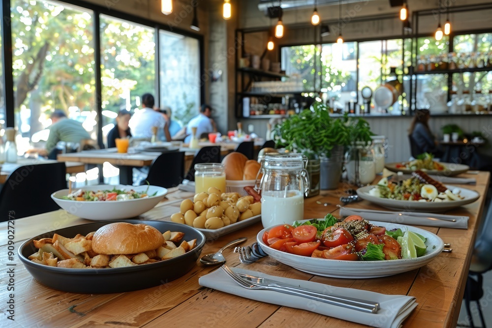 Obraz premium A table setting in a cafe with a variety of salads and a burger