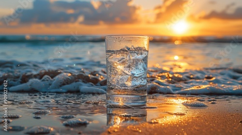 Refreshing water glass on a sandy beach, with the ocean waves in the background.