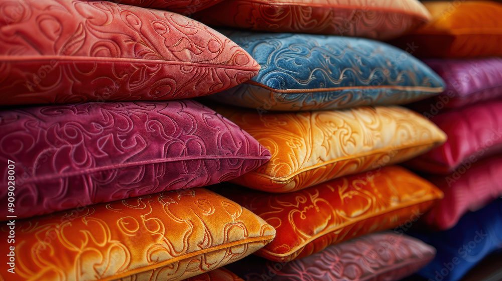 A stack of pillows with different colors and designs. The pillows are arranged in a way that they are all visible and the colors are vibrant. Concept of warmth and comfort, as the pillows are soft A stack of pillows with different colors and designs. The pillows are arranged in a way that they are all visible and the colors are vibrant. Concept of warmth and comfort, as the pillows are soft