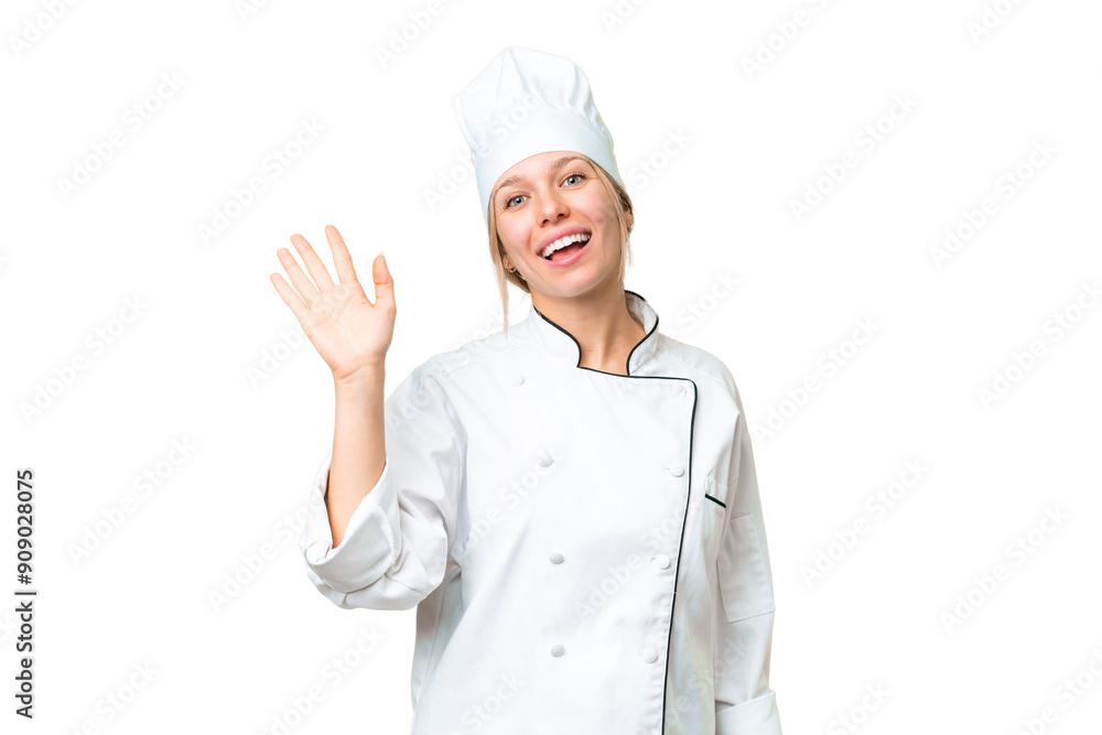 Young chef woman over isolated chroma key background saluting with hand with happy expression Young chef woman over isolated chroma key background saluting with hand with happy expression