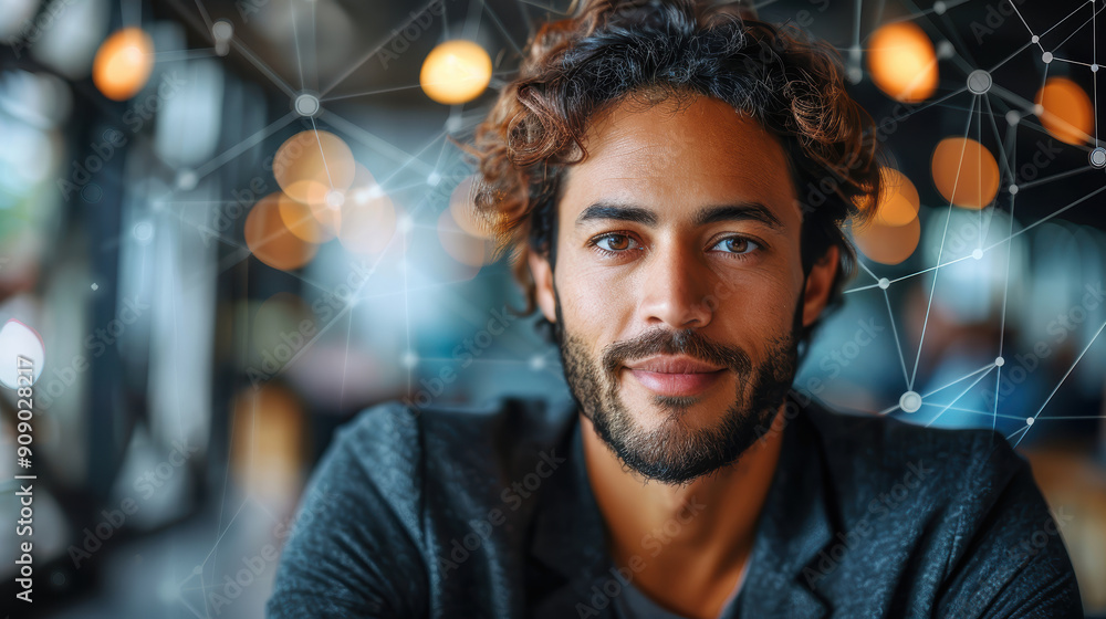 A man with a beard and glasses is smiling at the camera. The image has a futuristic feel to it, with a lot of lines and dots surrounding the man A man with a beard and glasses is smiling at the camera. The image has a futuristic feel to it, with a lot of lines and dots surrounding the man