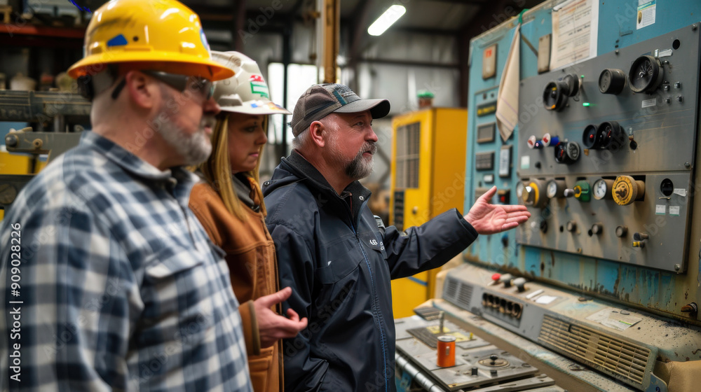 Group of workers in a factory, wearing protective gear, discussing and operating complex industrial machinery. Group of workers in a factory, wearing protective gear, discussing and operating complex industrial machinery.