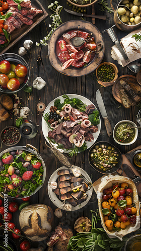 Rustic table setting with various dishes, including roasted meat, fresh vegetables, and homemade sauces. Perfect for food blogs, restaurant menus, and culinary articles. 