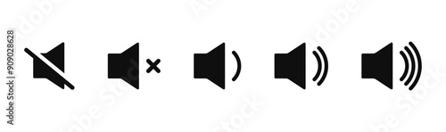 Sound volume icons set with different signal levels on white background. Аn icon that increases and reduces the sound. Sound icon, volume symbol, speaker sign, audio control icon set.