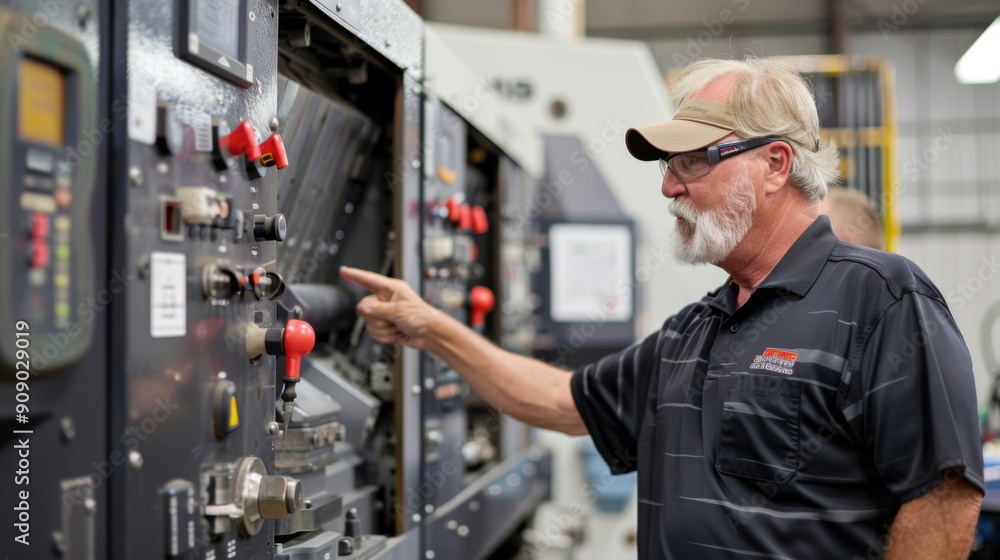 Senior technician in a workshop adjusting controls on a machine, wearing a cap and safety glasses. Senior technician in a workshop adjusting controls on a machine, wearing a cap and safety glasses.