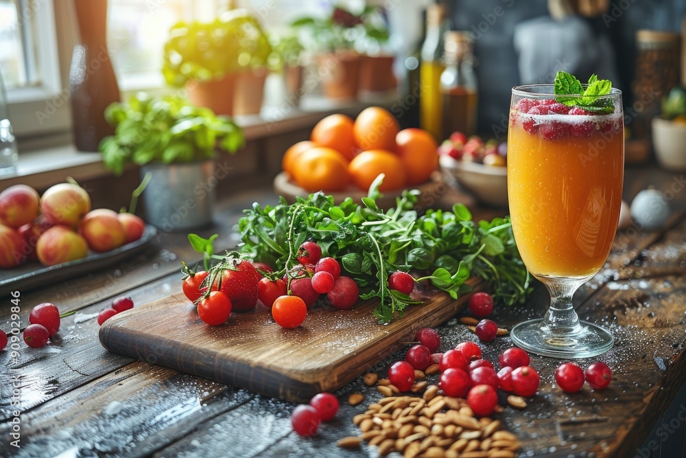 A Refreshing Summer Drink with Berries, Mint, and a Wooden Table Setting A Refreshing Summer Drink with Berries, Mint, and a Wooden Table Setting
