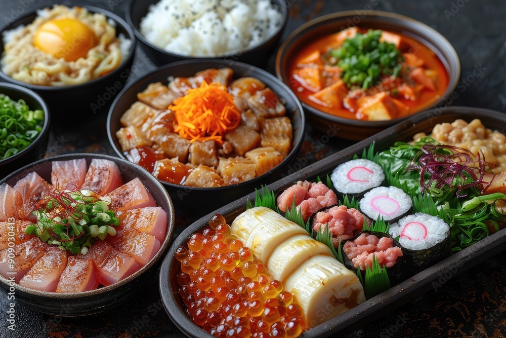 Assorted Japanese Dishes in Black Bowls and a Bento Box Assorted Japanese Dishes in Black Bowls and a Bento Box