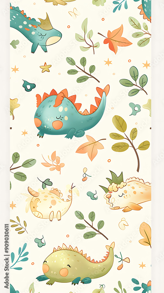 Obraz premium Cute green, blue, and yellow dragons with leaves and stars on a white background, perfect for kids' clothing and nursery decor. 