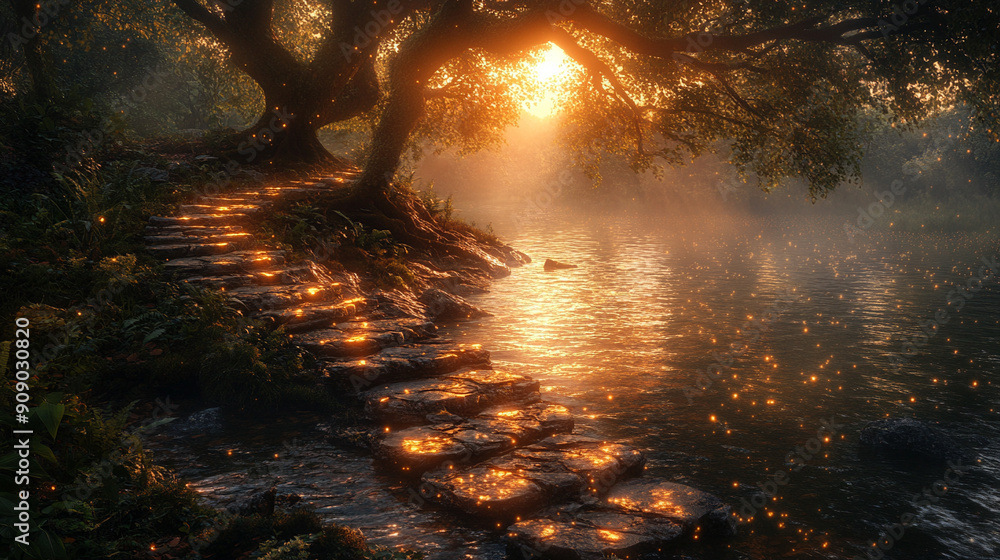 cobbled path meanders through a lush landscape, leading to a mystical sunset. The dreamlike scene evokes a sense of wonder, inviting viewers to journey toward the ethereal horizon cobbled path meanders through a lush landscape, leading to a mystical sunset. The dreamlike scene evokes a sense of wonder, inviting viewers to journey toward the ethereal horizon