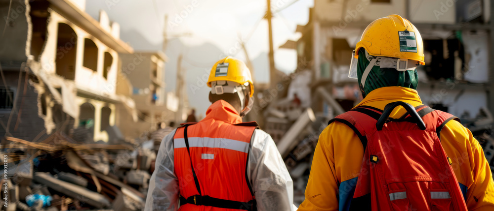 Rescue workers assess a damaged area after a disaster, showcasing ...