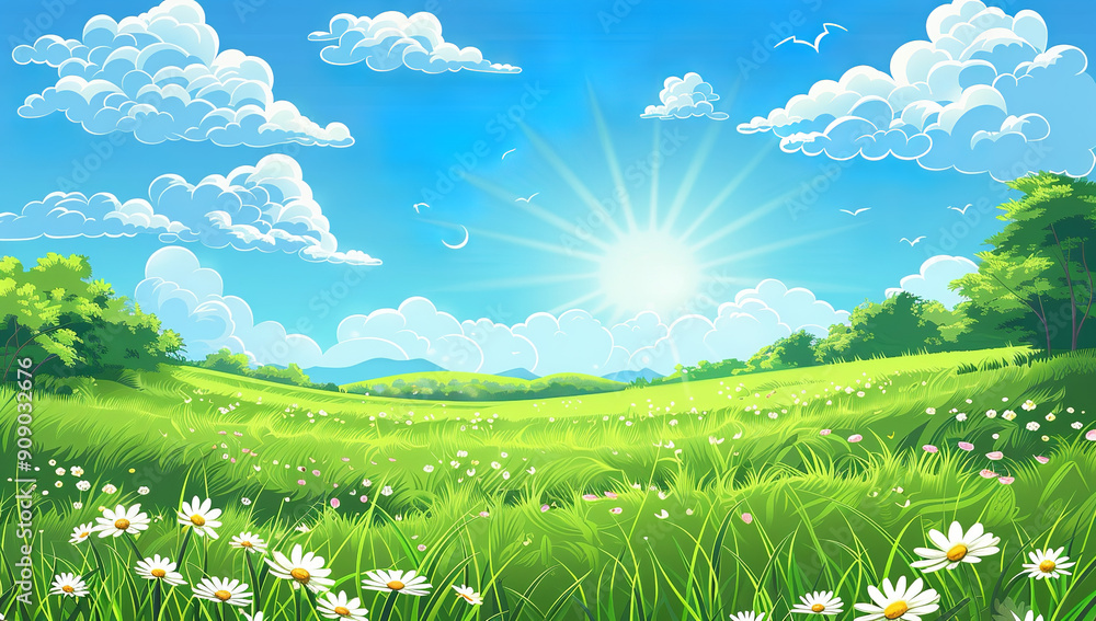 Illustration of a green field with a blue sky and white clouds, in... Illustration of a green field with a blue sky and white clouds, in...