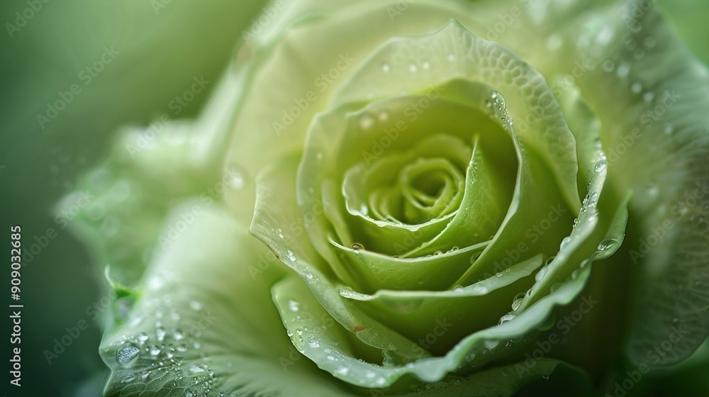 Close-up photo of a green rose with water drops on its petals against a dark green backdrop Close-up photo of a green rose with water drops on its petals against a dark green backdrop