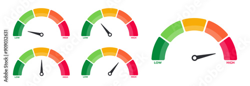 Speedometer, gauge meter icons. Vector scale, level of performance. Speed dial indicator . Green and red, low and high barometers, dashboard with arrows. Infographic of risk, gauge, score progress