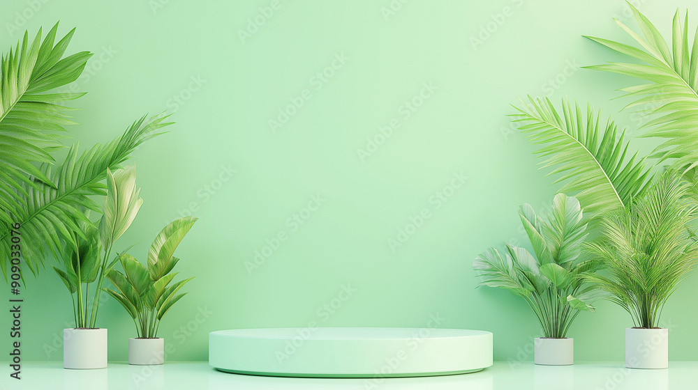 Minimalist abstract background with green podium and plants. Minimalist abstract background with green podium and plants.