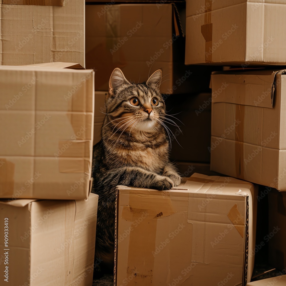 Fototapeta premium A cat exploring a stack of cardboard boxes, looking curious and playful