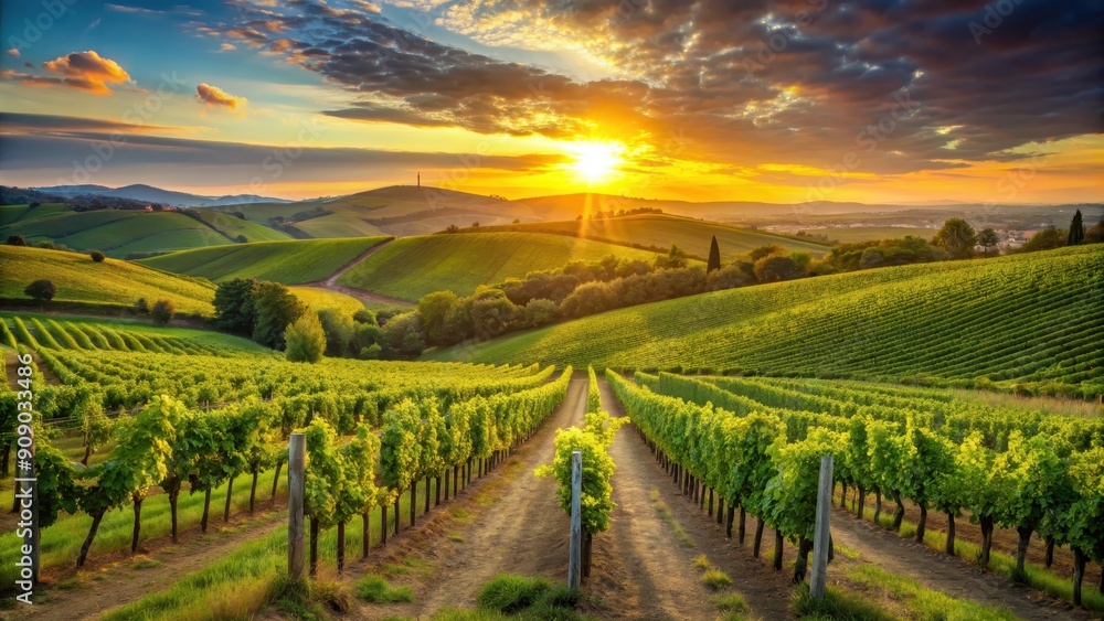 Fototapeta premium Lush vineyard with rolling hills and setting sun in the background, Vineyard, green, lush, vine, grapes, wine, agriculture