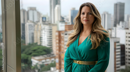 Free Download Plus size Brazilian businesswoman wearing stylish emerald green dress with a gold belt, long hair posing in office with city view - GFXLoad