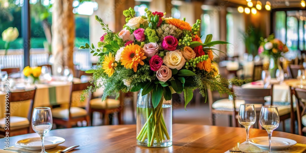 Fresh flower table centerpiece in a restaurant for a special event, restaurant, beautiful, flowers Fresh flower table centerpiece in a restaurant for a special event, restaurant, beautiful, flowers