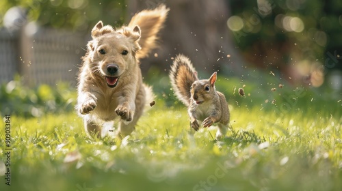 Playful Chase - A Dog and Squirrel Frolicking Together in a Fun Game of Tag in the Park