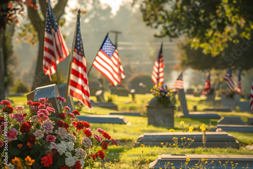 Patriotic Cemetery Flags at Sunrise photo