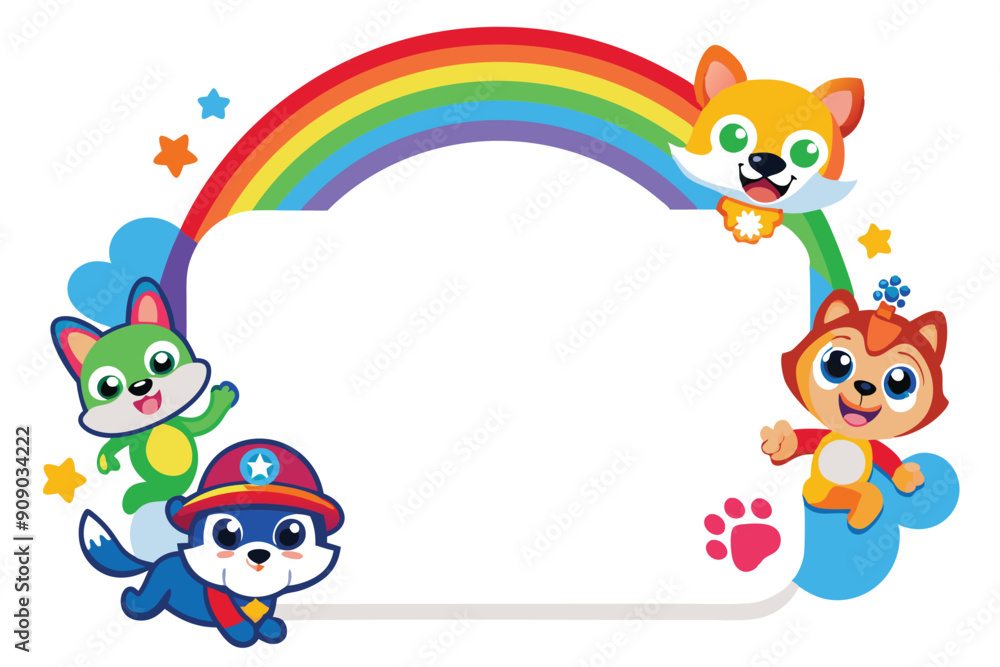 Cartoon animal frame with rainbow and flowers, a fun vector illustration for a baby birthday card Cartoon animal frame with rainbow and flowers, a fun vector illustration for a baby birthday card