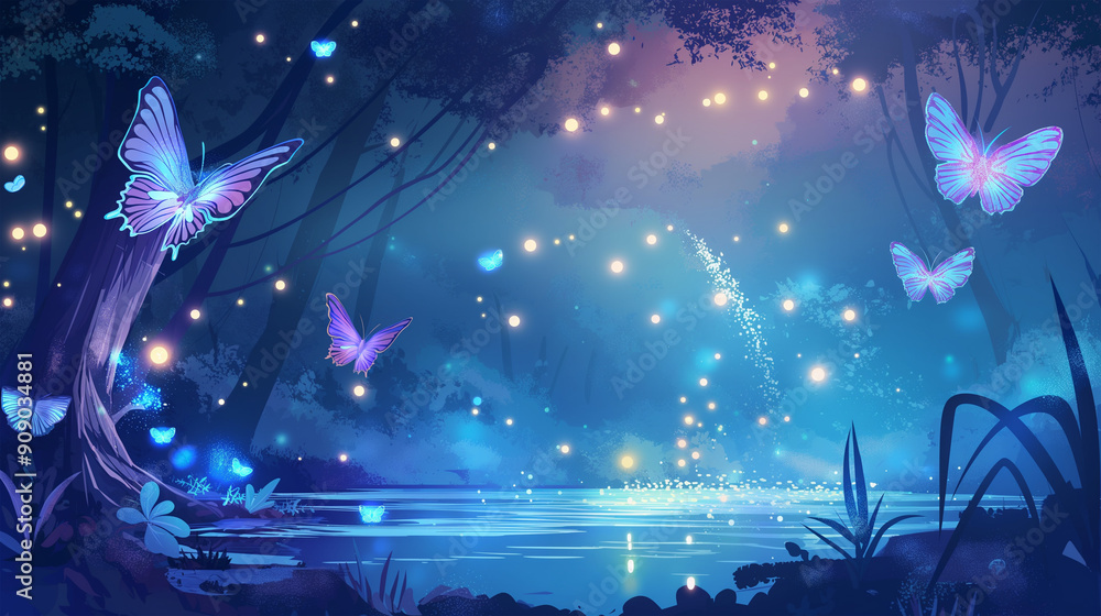 The Magic butterflies flying above fairy tale lake in night forest, game background, Illustration The Magic butterflies flying above fairy tale lake in night forest, game background, Illustration