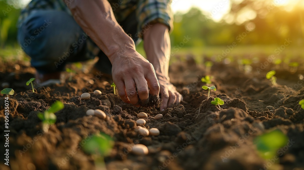 A farmer sowing seeds into fertile soil, symbolizing new beginnings A farmer sowing seeds into fertile soil, symbolizing new beginnings