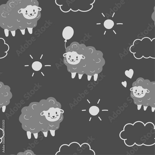 sheep pattern, sheep, pattern, kids, kid fabric, fabric, a pattern with cute sheep, clouds, suns and hearts on a dark gray background. The sheep are drawn in a cartoon style, they have fluffy fur and 