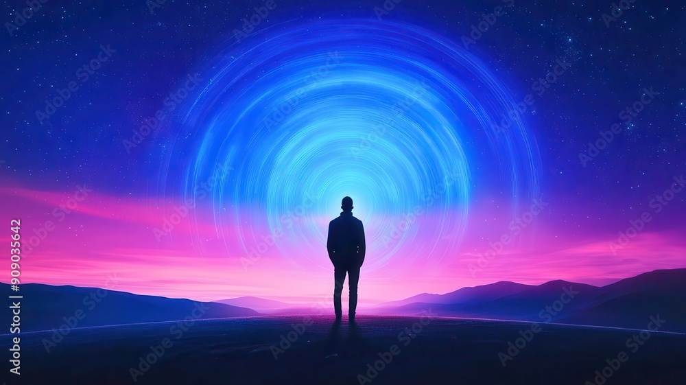A silhouette of a person standing against a vibrant cosmic background, merging stunning colors and light formations. A silhouette of a person standing against a vibrant cosmic background, merging stunning colors and light formations.