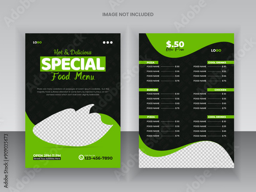 Delicious Food Menu Design Template healthy food flyer and restaurant menu card design and bifold brochure design template photo