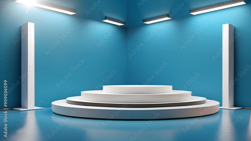 Empty blue room with white podium and spotlights Empty blue room with white podium and spotlights