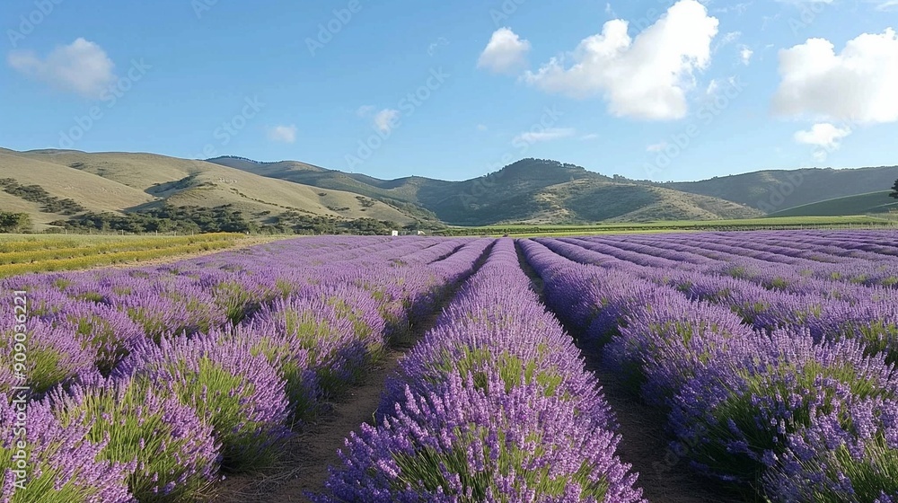 Obraz premium A sunny day on a lavender farm, with rows of purple flowers swaying gently