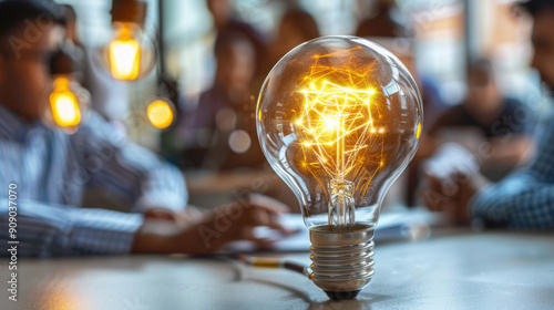 Close-up of a glowing light bulb with abstract connections, set in a modern office environment with people in the background.