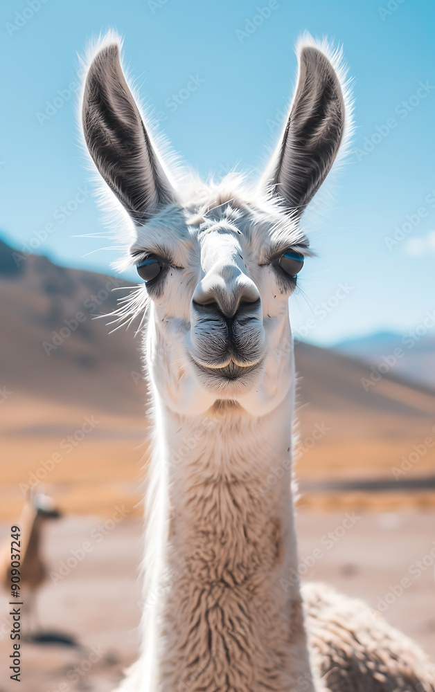 Obraz premium White llama with blue eyes, brown and white fur, and a blue sky, captures the playful spirit of a South American adventure. 
