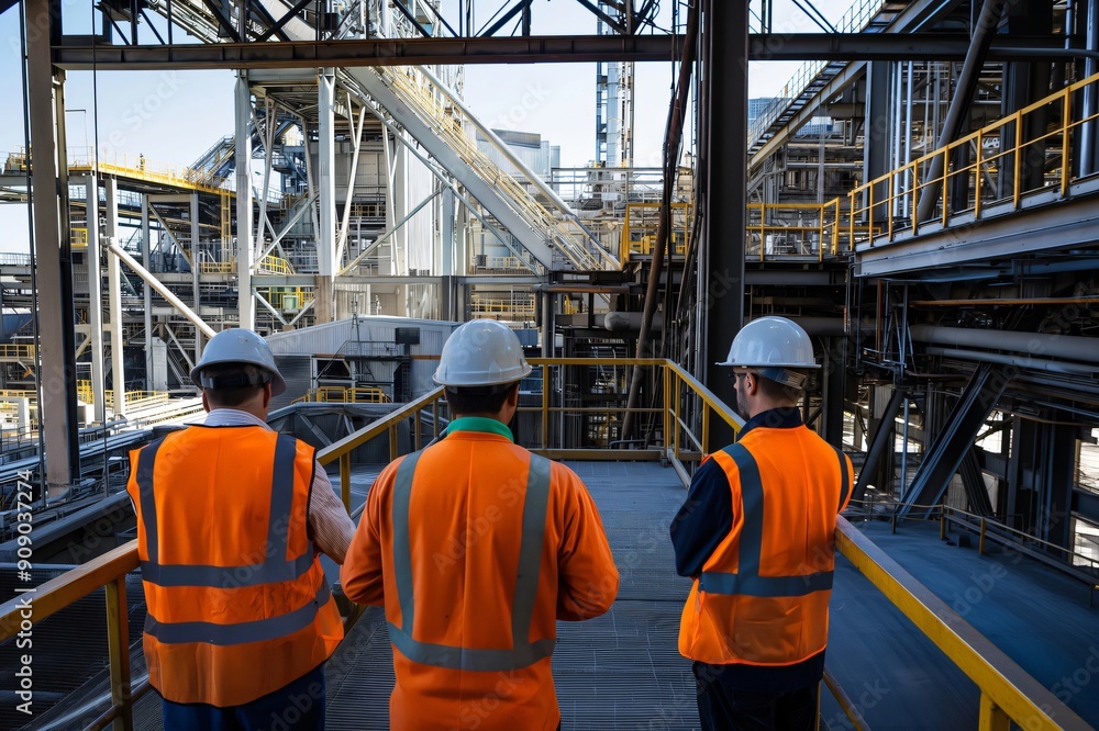 Four engineers wearing hard hats and safety vests are standing on a platform, observing the operations of a large industrial facility Four engineers wearing hard hats and safety vests are standing on a platform, observing the operations of a large industrial facility