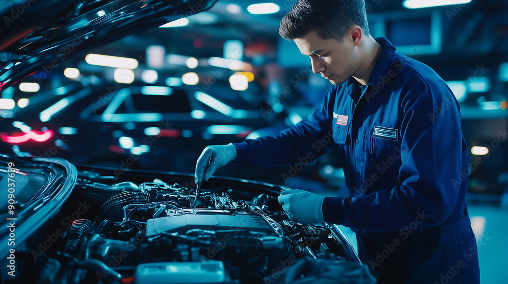 Service station worker performing a detailed inspection of a car's engine in a high-tech, well-equipped service bay Service station worker performing a detailed inspection of a car's engine in a high-tech, well-equipped service bay