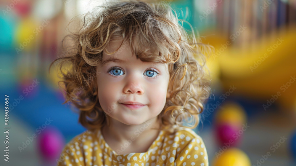 Portrait of a cute toddler with blue eyes and curly hair, wearing a yellow polka dot dress at an indoor playground. Portrait of a cute toddler with blue eyes and curly hair, wearing a yellow polka dot dress at an indoor playground.