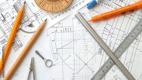 Precision Geometry Tools and Graph Paper Set on White Background