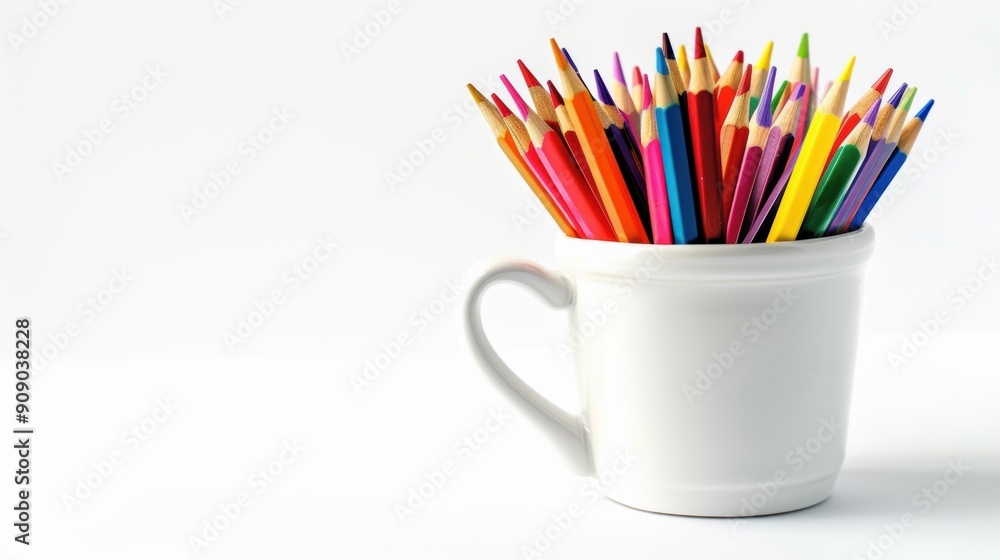 Vibrant Collection of Colored Pencils in a Cup on White Background Vibrant Collection of Colored Pencils in a Cup on White Background